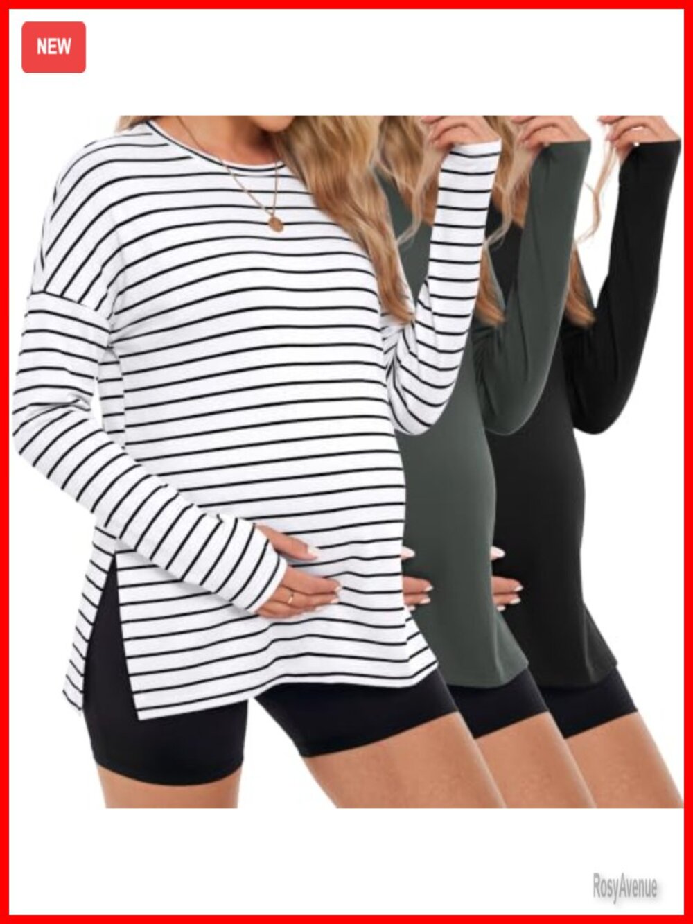 Maternity Long Sleeve T-Shirts 3 Pack Thumb Hole Side Slit Pregnancy Tops